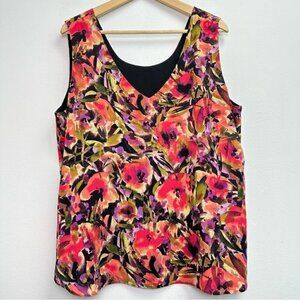 Womens Red Floral Sleeveless V-neck Blouse XL